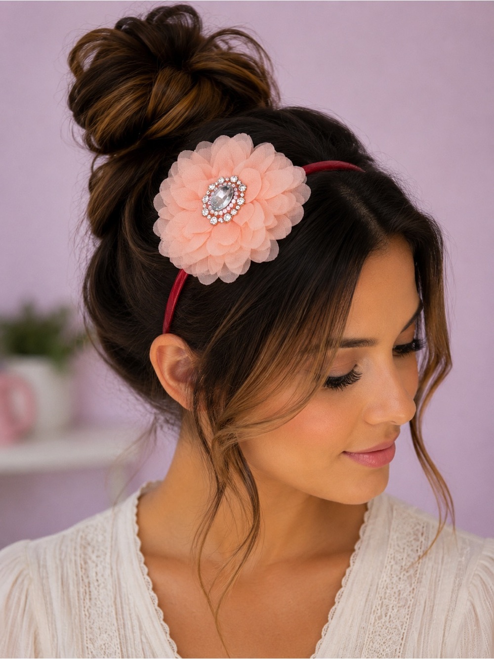 Peach Floral Crystal Accent Headband for Women